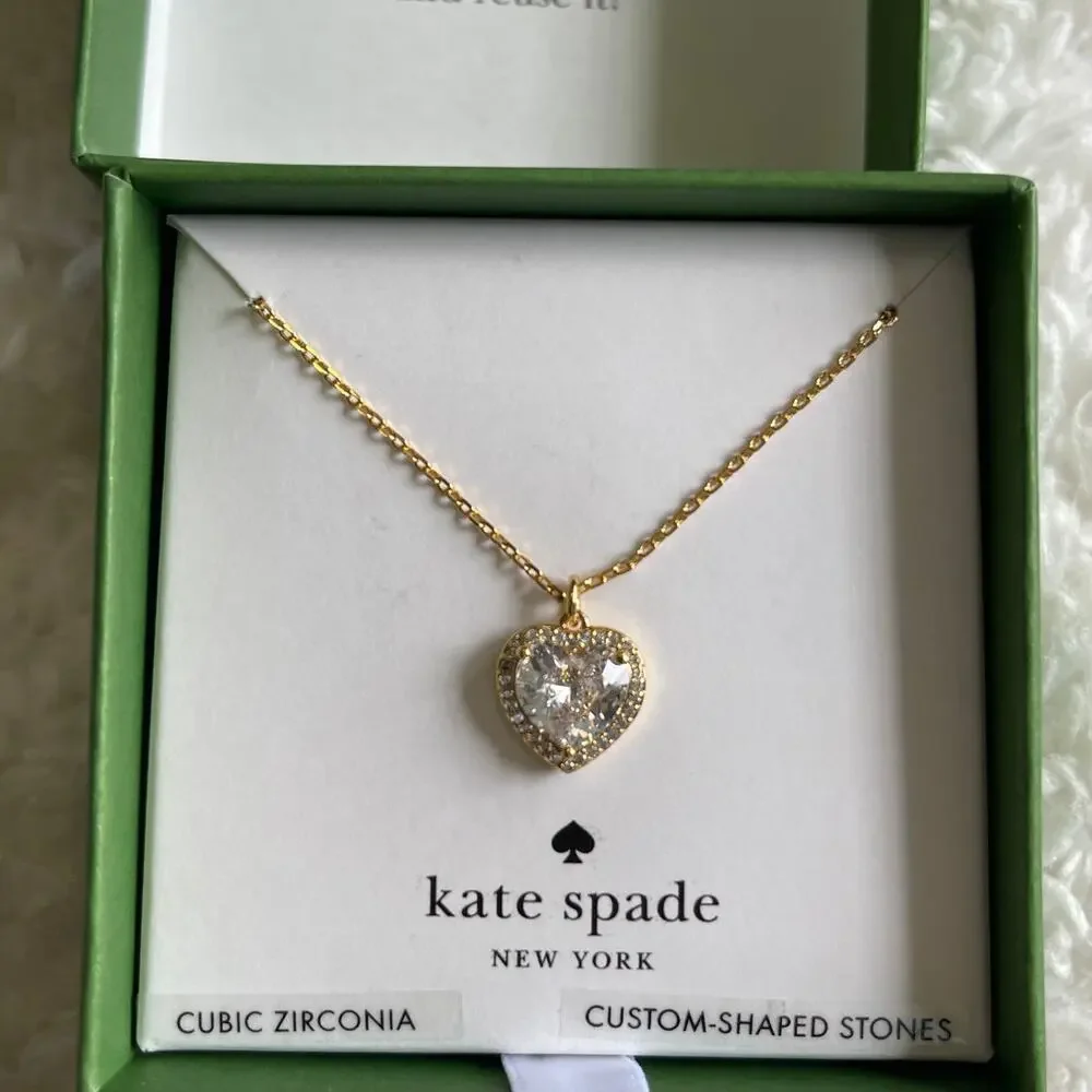 Kate Spade New York Gold Tone Heart Pendant Necklace Cubic Zirconia NEW in box